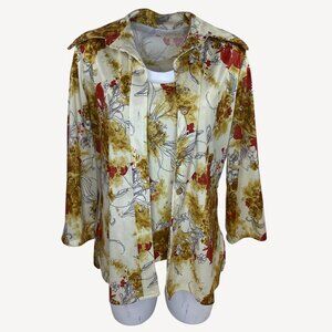 Women Floral Jacket Sleeveless Top Set Office Formal Work Cream Brown Red Size M